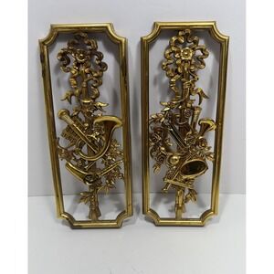 2 Syroco Homco Gold Musical Instrument Wall Plaques 4863A 1964 Vintage Mid Mod